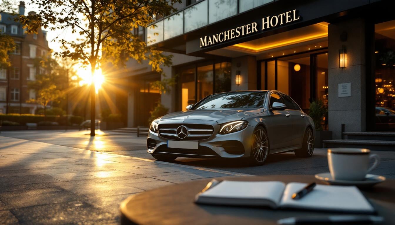 Chauffeur Service Prices Manchester 2026 Mercedes E-Class outside a Manchester hotel at sunset for a Chauffeur Service Prices Manchester 2026 guide